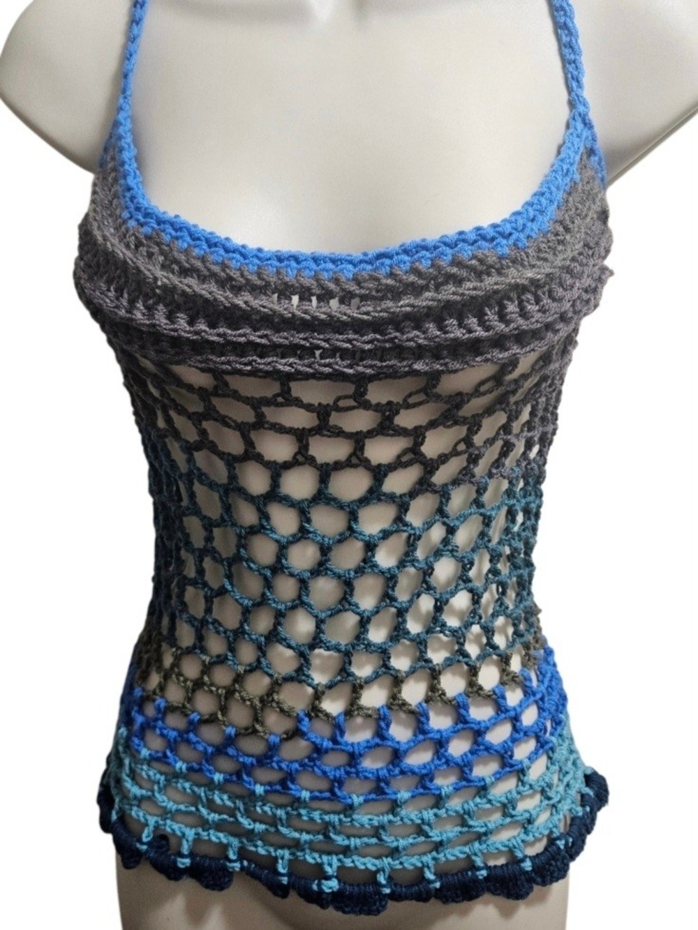 Hand Crafted Crochet Top Blue Gray Green Resort Wear One of a Kind